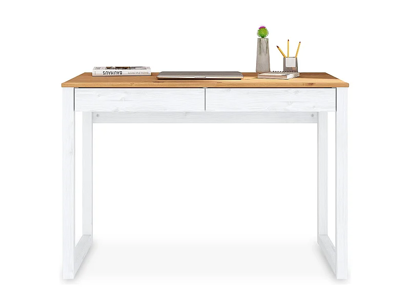 Bureau en bois avec 2 tiroirs NOAH, design scandinave, en pin massif coloris blanc et chêne