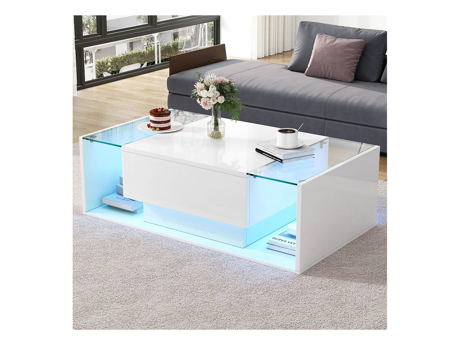 Table basse blanc avec 1 tiroir de rangement et étagères ouvertes, éclairage LED - pour salon