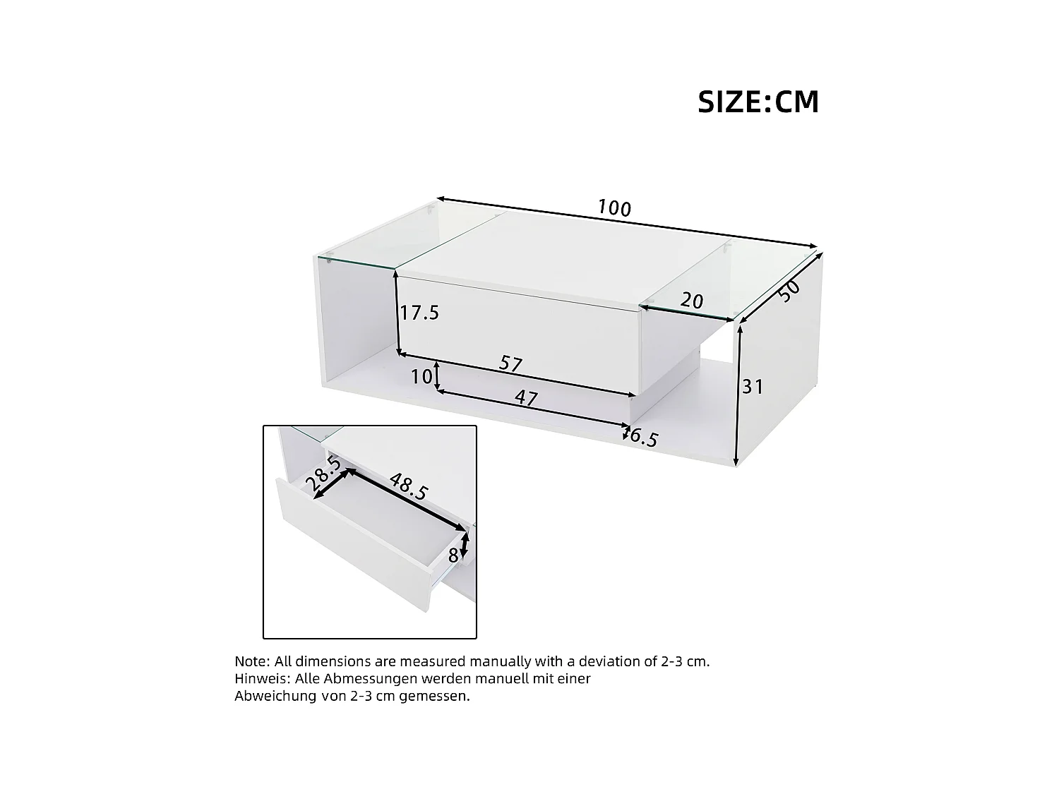 Table basse blanc avec 1 tiroir de rangement et étagères ouvertes, éclairage LED - pour salon