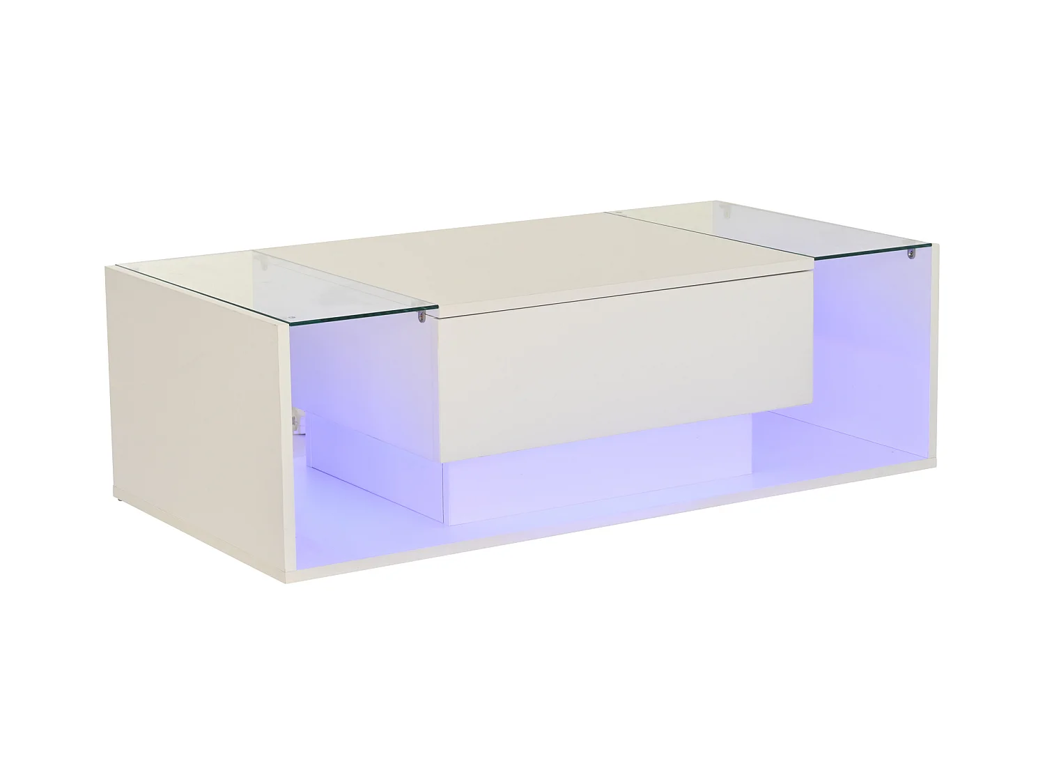 Table basse blanc avec 1 tiroir de rangement et étagères ouvertes, éclairage LED - pour salon