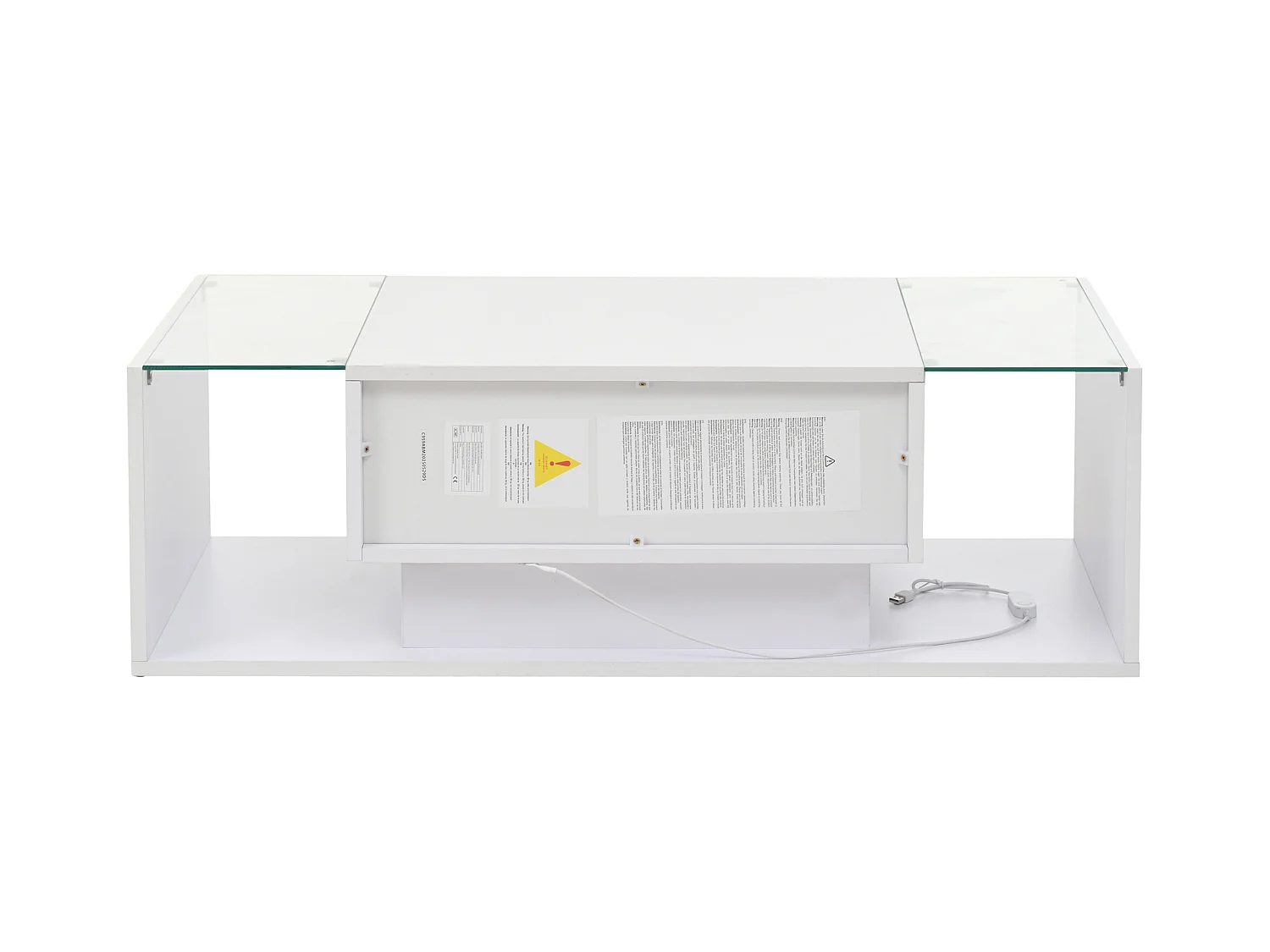 Table basse blanc avec 1 tiroir de rangement et étagères ouvertes, éclairage LED - pour salon