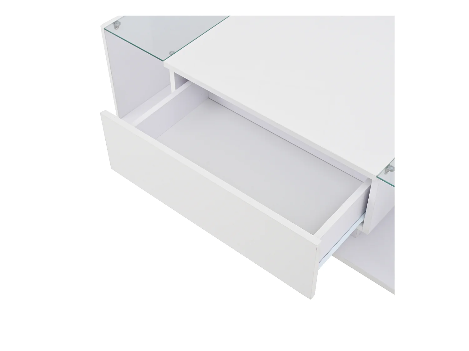 Table basse blanc avec 1 tiroir de rangement et étagères ouvertes, éclairage LED - pour salon