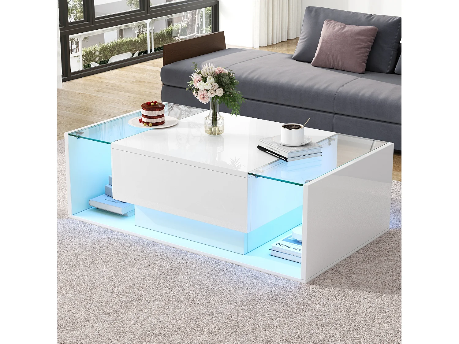 Table basse blanc avec 1 tiroir de rangement et étagères ouvertes, éclairage LED - pour salon