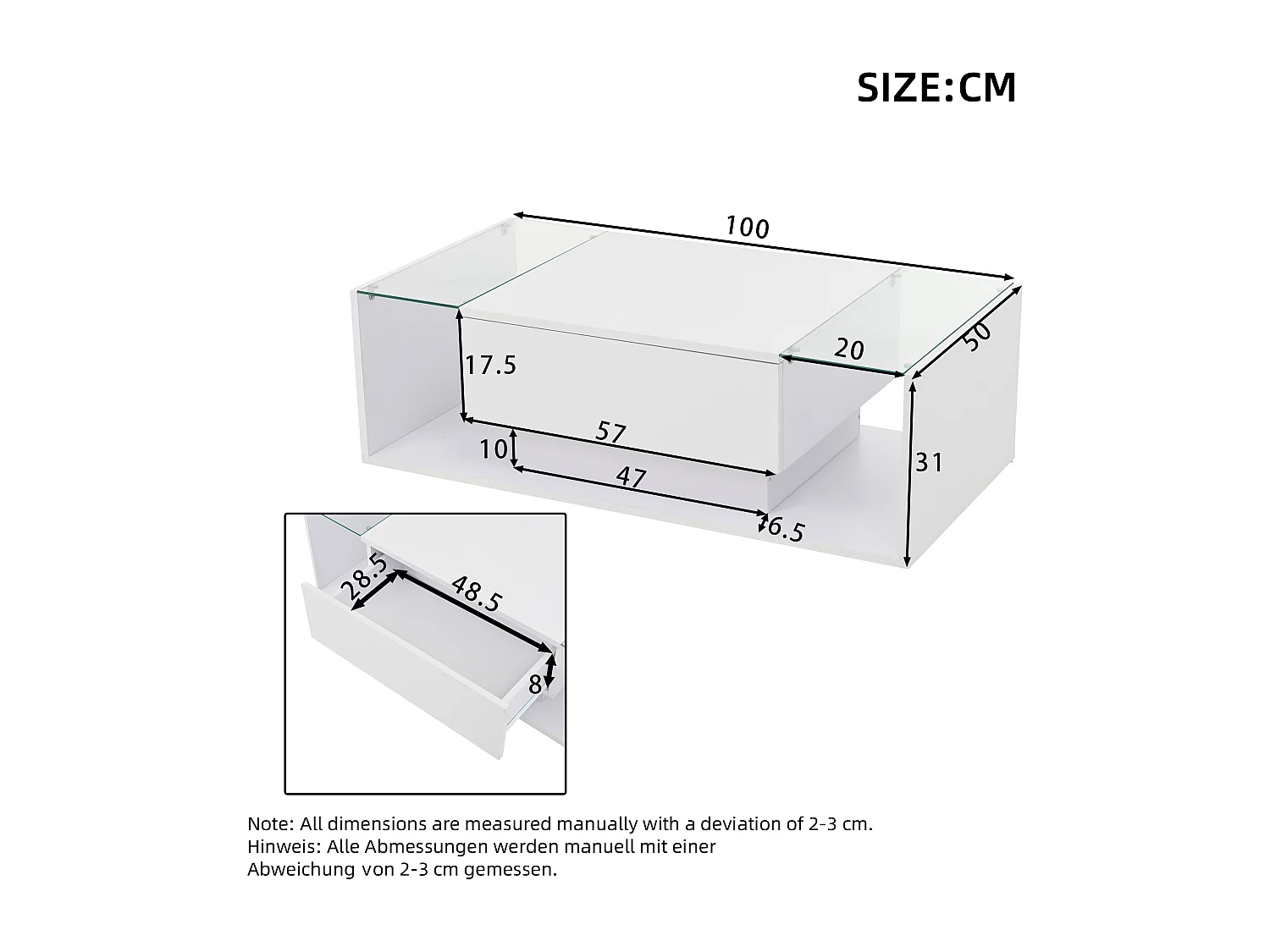 Table basse blanc avec 1 tiroir de rangement et étagères ouvertes, éclairage LED - pour salon