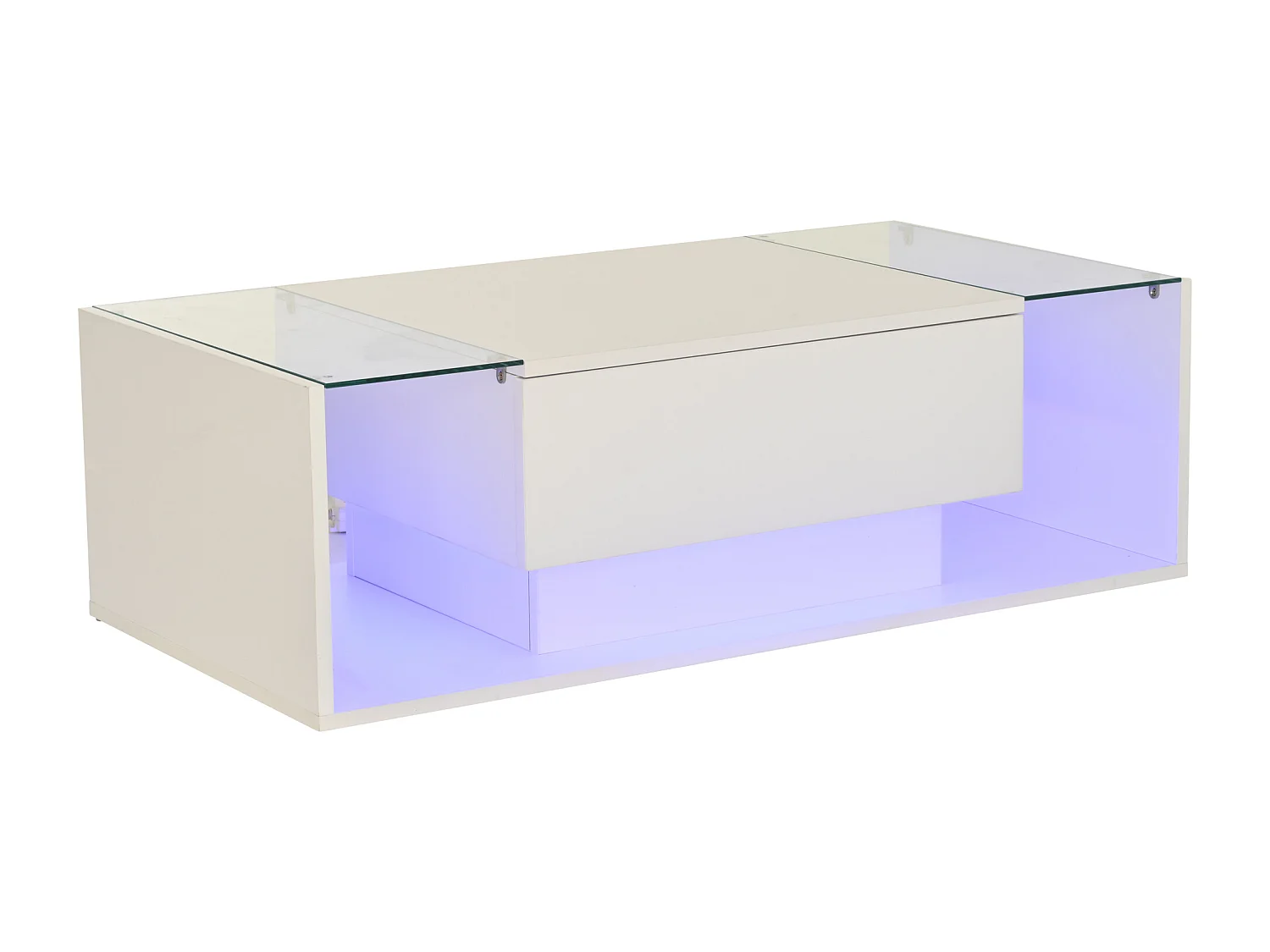 Table basse blanc avec 1 tiroir de rangement et étagères ouvertes, éclairage LED - pour salon