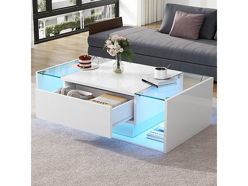 Table basse blanc avec 1 tiroir de rangement et étagères ouvertes, éclairage LED - pour salon