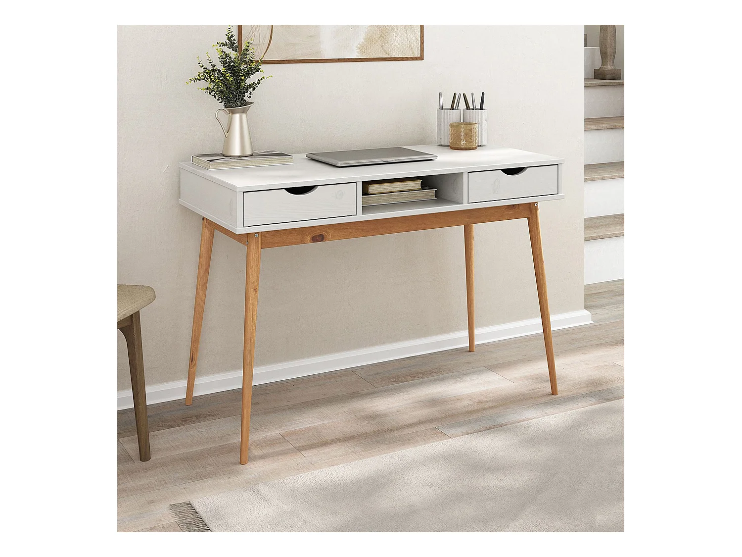 Bureau STEFANO en pin massif avec 2 tiroirs et 1 niche intégrée lasuré blanc/chêne