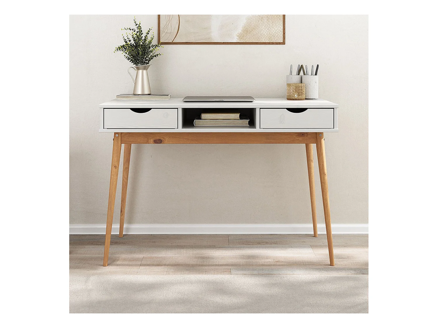 Bureau STEFANO en pin massif avec 2 tiroirs et 1 niche intégrée lasuré blanc/chêne