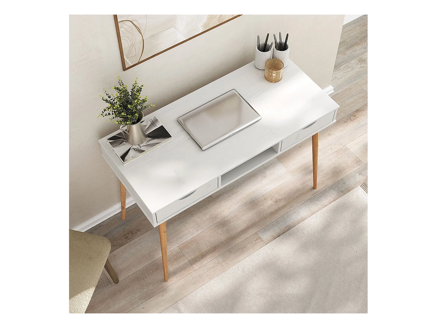 Bureau STEFANO en pin massif avec 2 tiroirs et 1 niche intégrée lasuré blanc/chêne