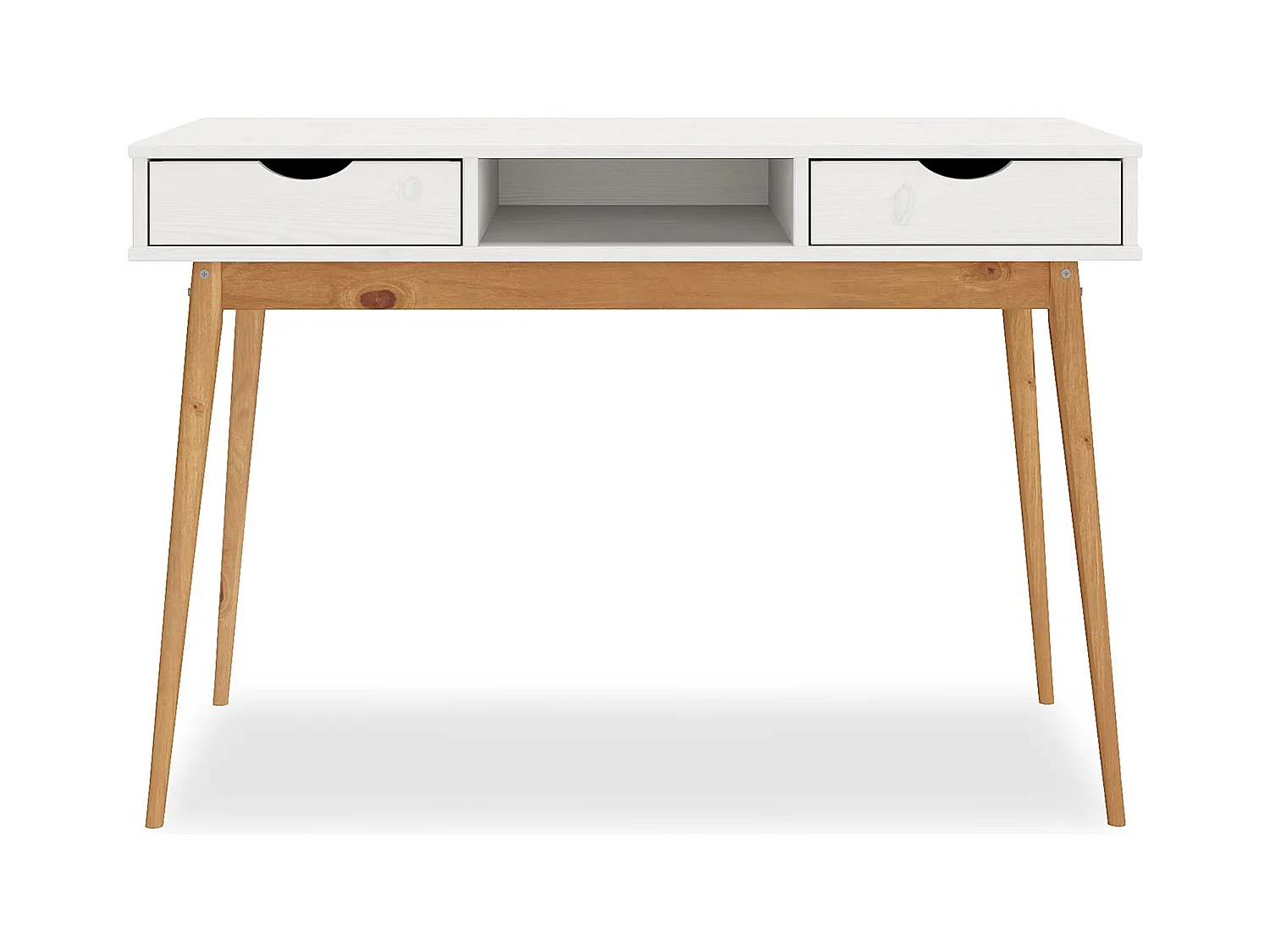 Bureau STEFANO en pin massif avec 2 tiroirs et 1 niche intégrée lasuré blanc/chêne