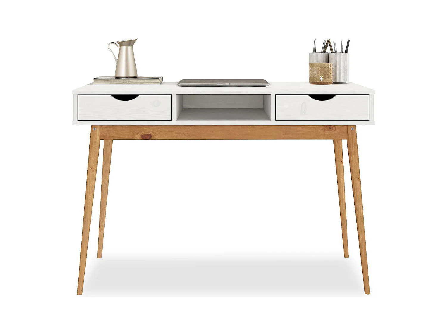 Bureau STEFANO en pin massif avec 2 tiroirs et 1 niche intégrée lasuré blanc/chêne
