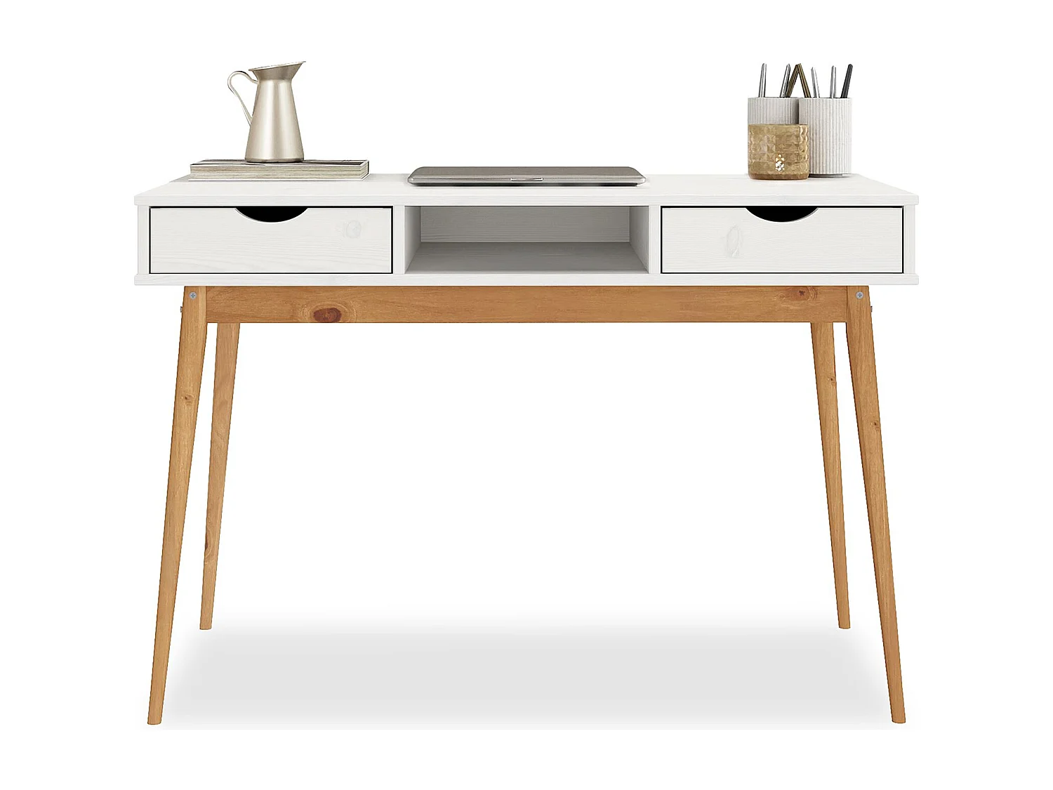 Bureau STEFANO en pin massif avec 2 tiroirs et 1 niche intégrée lasuré blanc/chêne