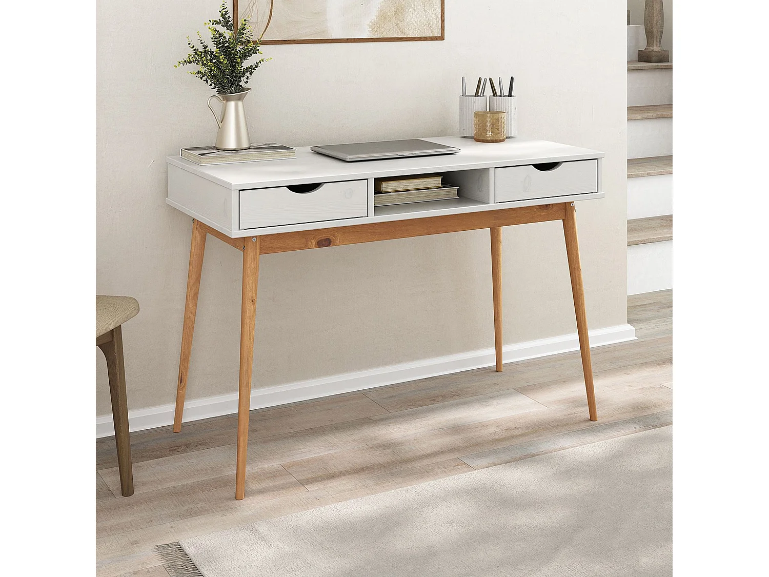 Bureau STEFANO en pin massif avec 2 tiroirs et 1 niche intégrée lasuré blanc/chêne