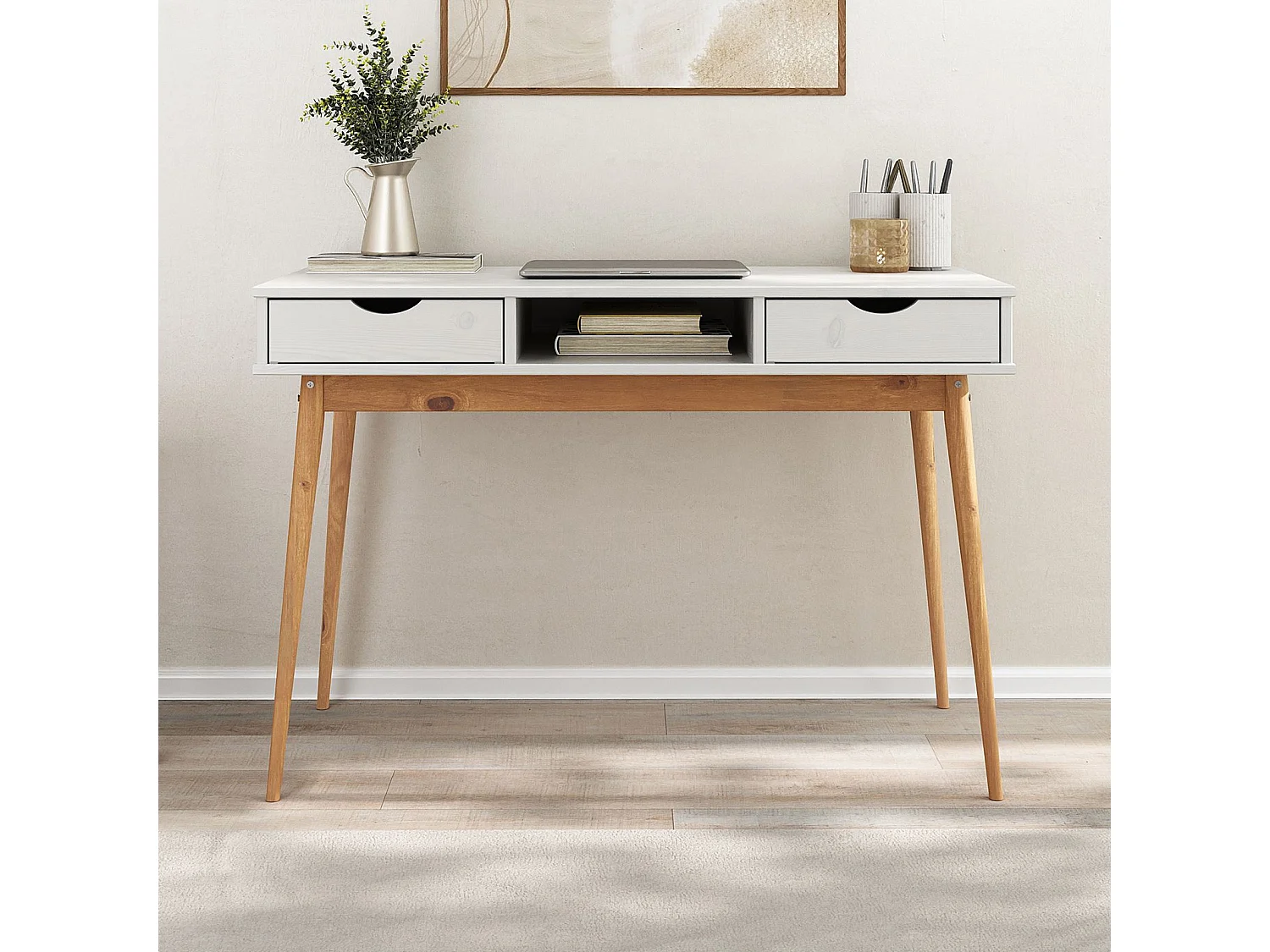 Bureau STEFANO en pin massif avec 2 tiroirs et 1 niche intégrée lasuré blanc/chêne