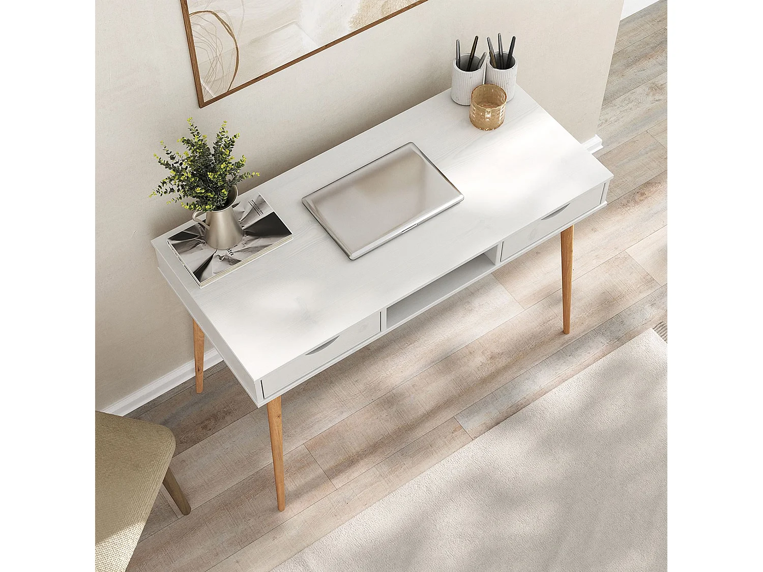 Bureau STEFANO en pin massif avec 2 tiroirs et 1 niche intégrée lasuré blanc/chêne