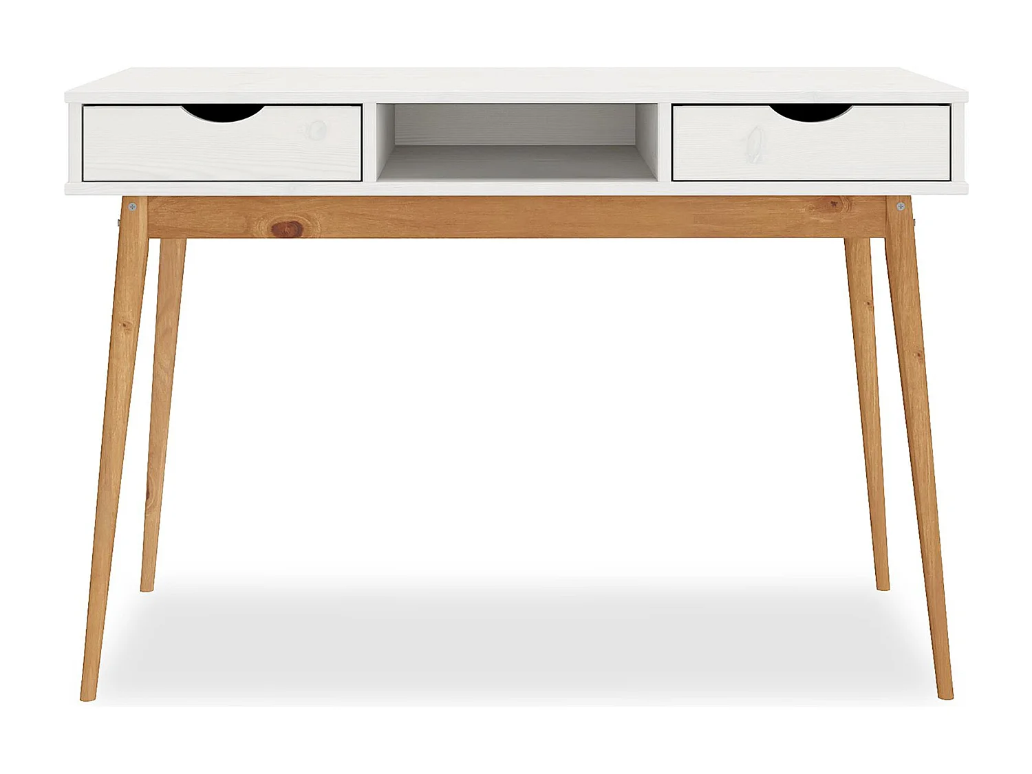 Bureau STEFANO en pin massif avec 2 tiroirs et 1 niche intégrée lasuré blanc/chêne