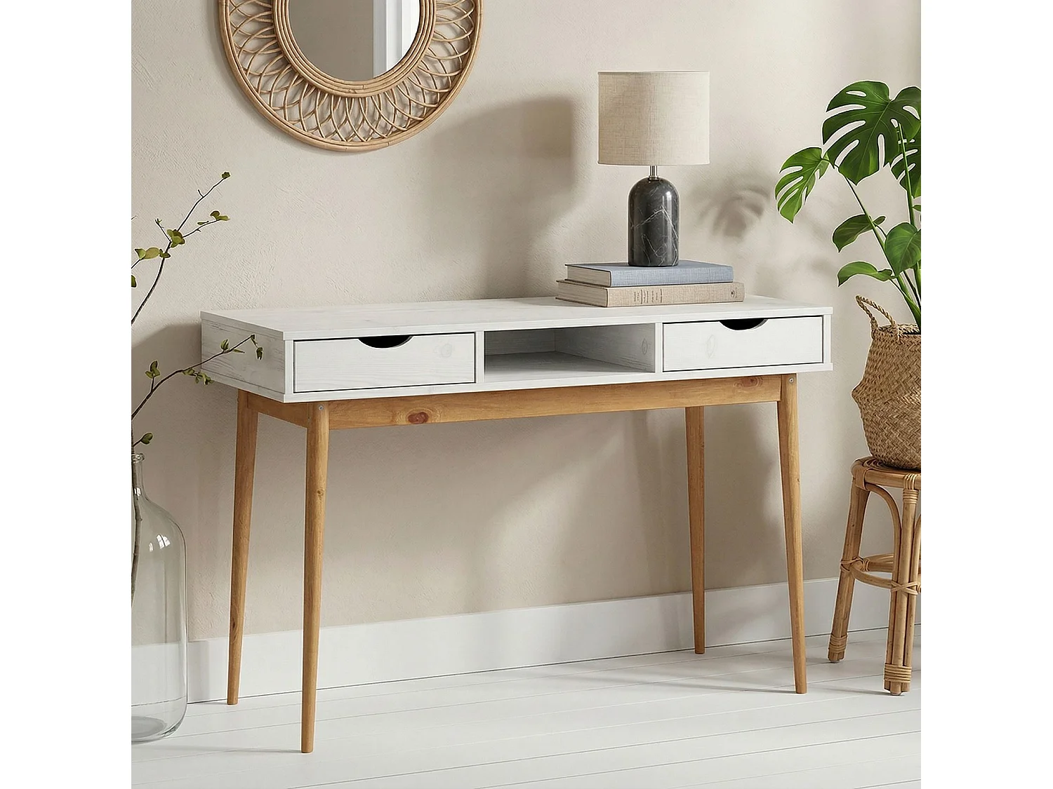 Bureau STEFANO en pin massif avec 2 tiroirs et 1 niche intégrée lasuré blanc/chêne
