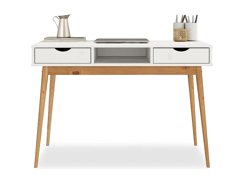 Bureau STEFANO en pin massif avec 2 tiroirs et 1 niche intégrée lasuré blanc/chêne