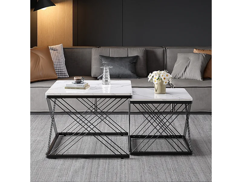 2er-Set quadratische Couchtische mit MDF-Platte in Marmoroptik, schwarzes Gestell - weiß