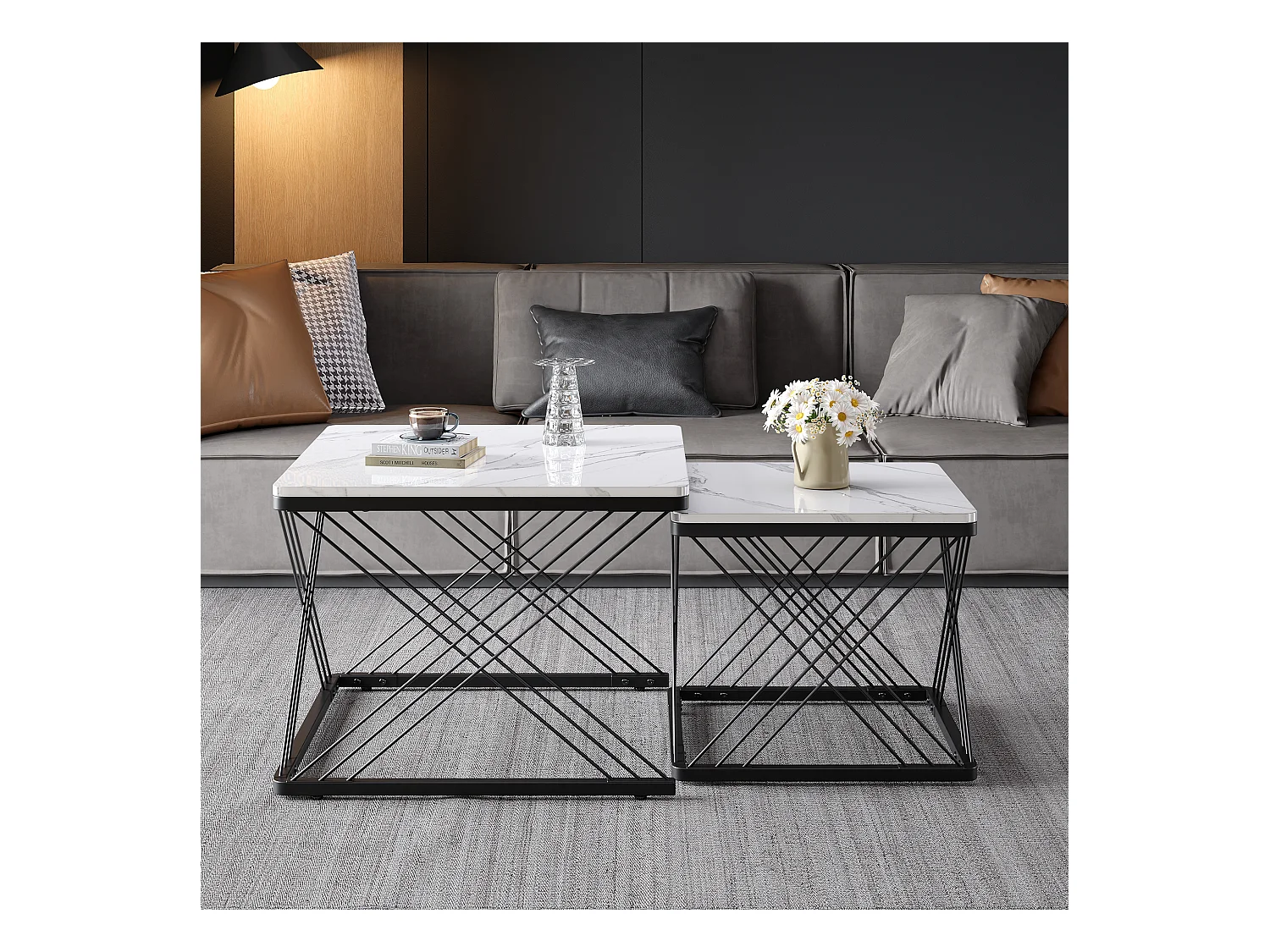 Lot de 2 tables basses carrées avec plateau en MDF effet marbre, cadre noir - Blanc