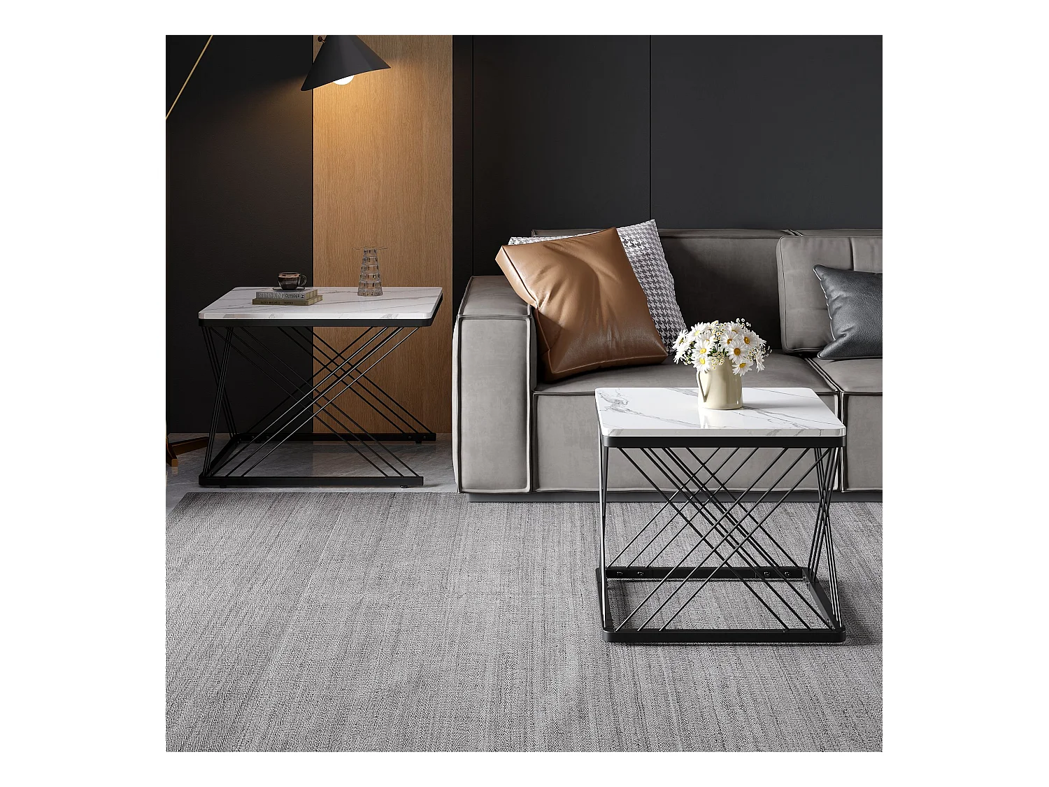 Lot de 2 tables basses carrées avec plateau en MDF effet marbre, cadre noir - Blanc