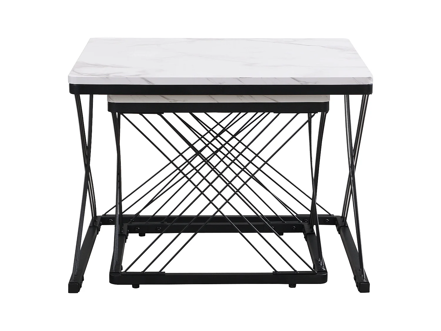 Lot de 2 tables basses carrées avec plateau en MDF effet marbre, cadre noir - Blanc