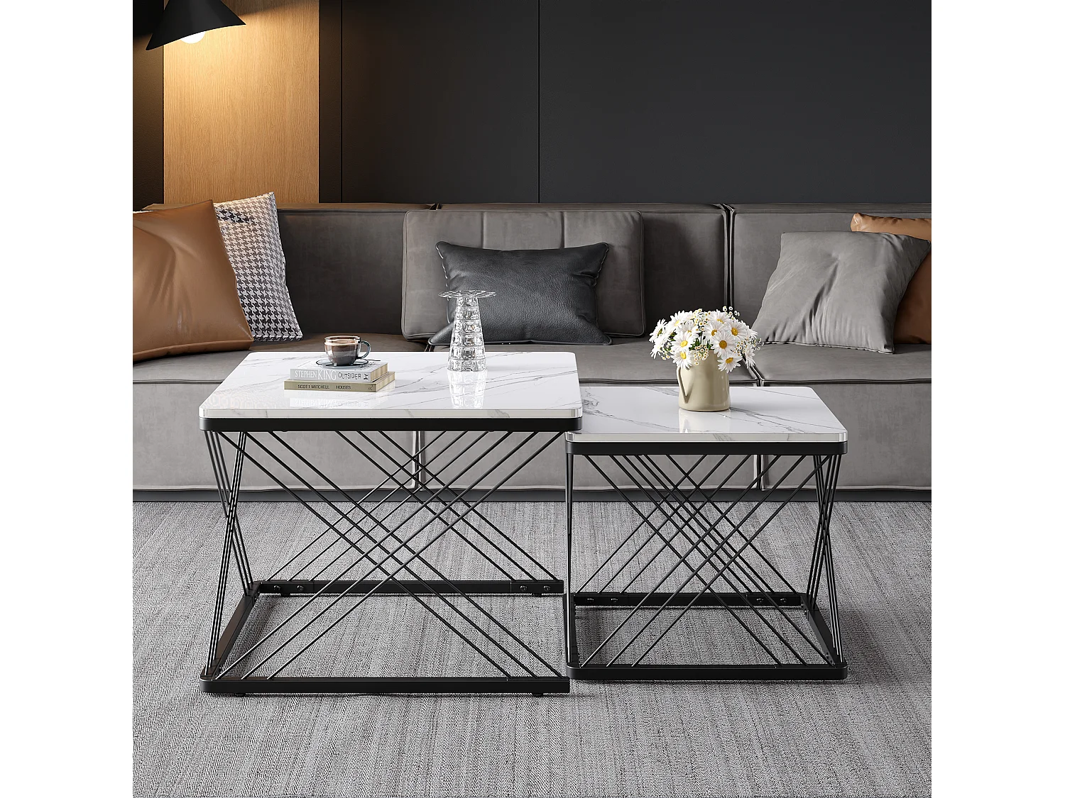 Lot de 2 tables basses carrées avec plateau en MDF effet marbre, cadre noir - Blanc