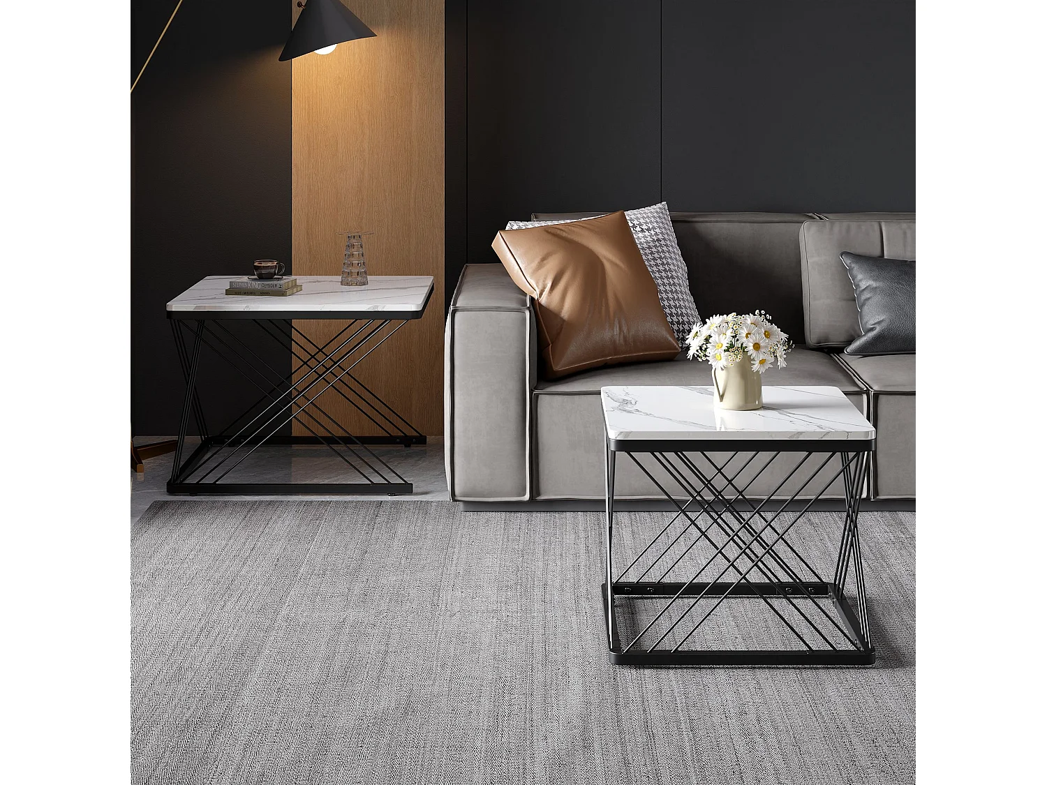 Lot de 2 tables basses carrées avec plateau en MDF effet marbre, cadre noir - Blanc