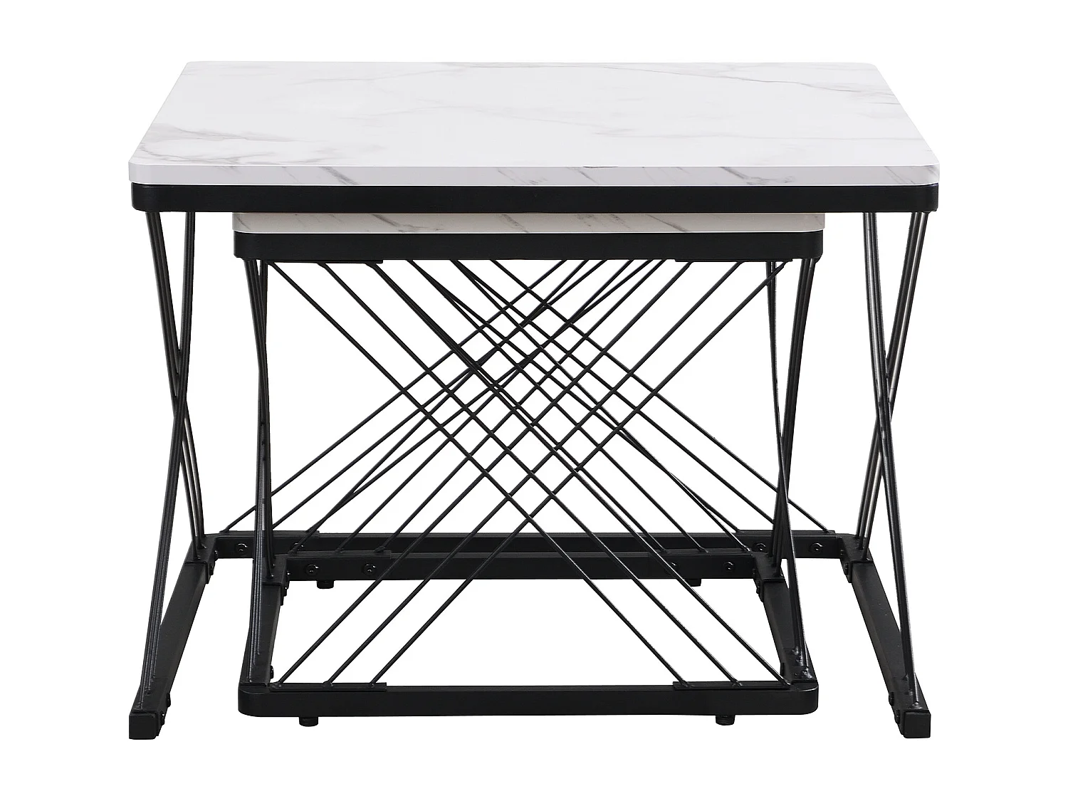 Lot de 2 tables basses carrées avec plateau en MDF effet marbre, cadre noir - Blanc