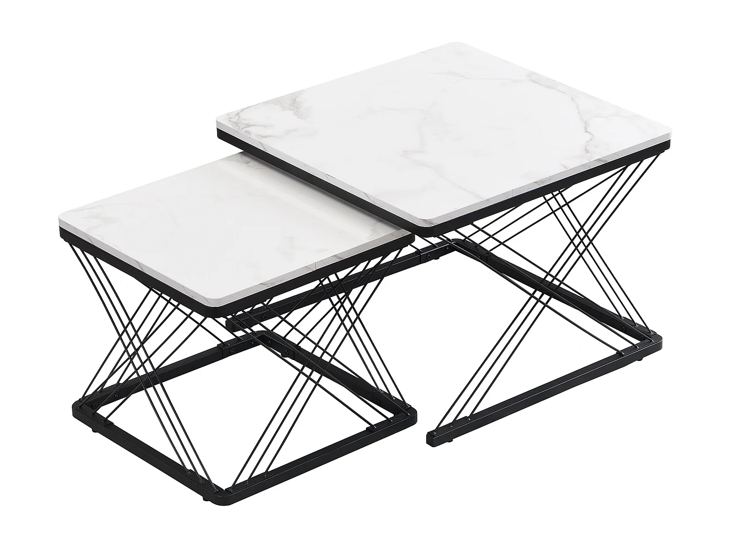 Lot de 2 tables basses carrées avec plateau en MDF effet marbre, cadre noir - Blanc