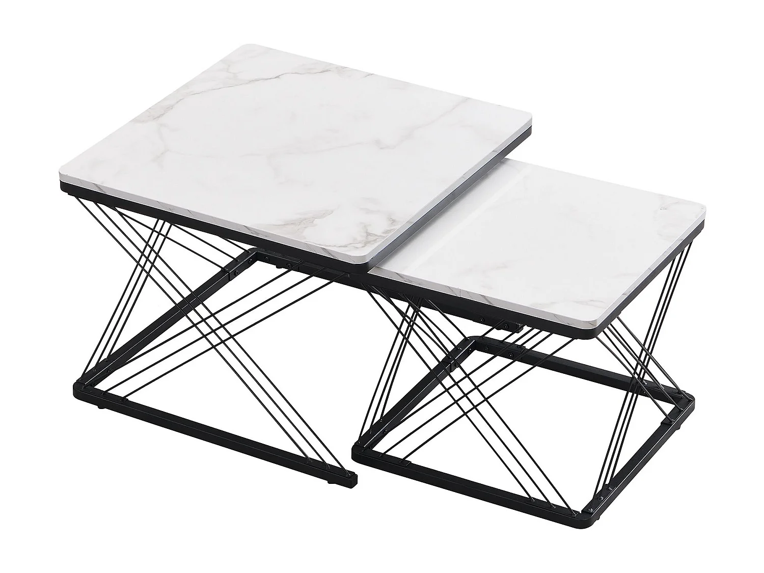 Lot de 2 tables basses carrées avec plateau en MDF effet marbre, cadre noir - Blanc