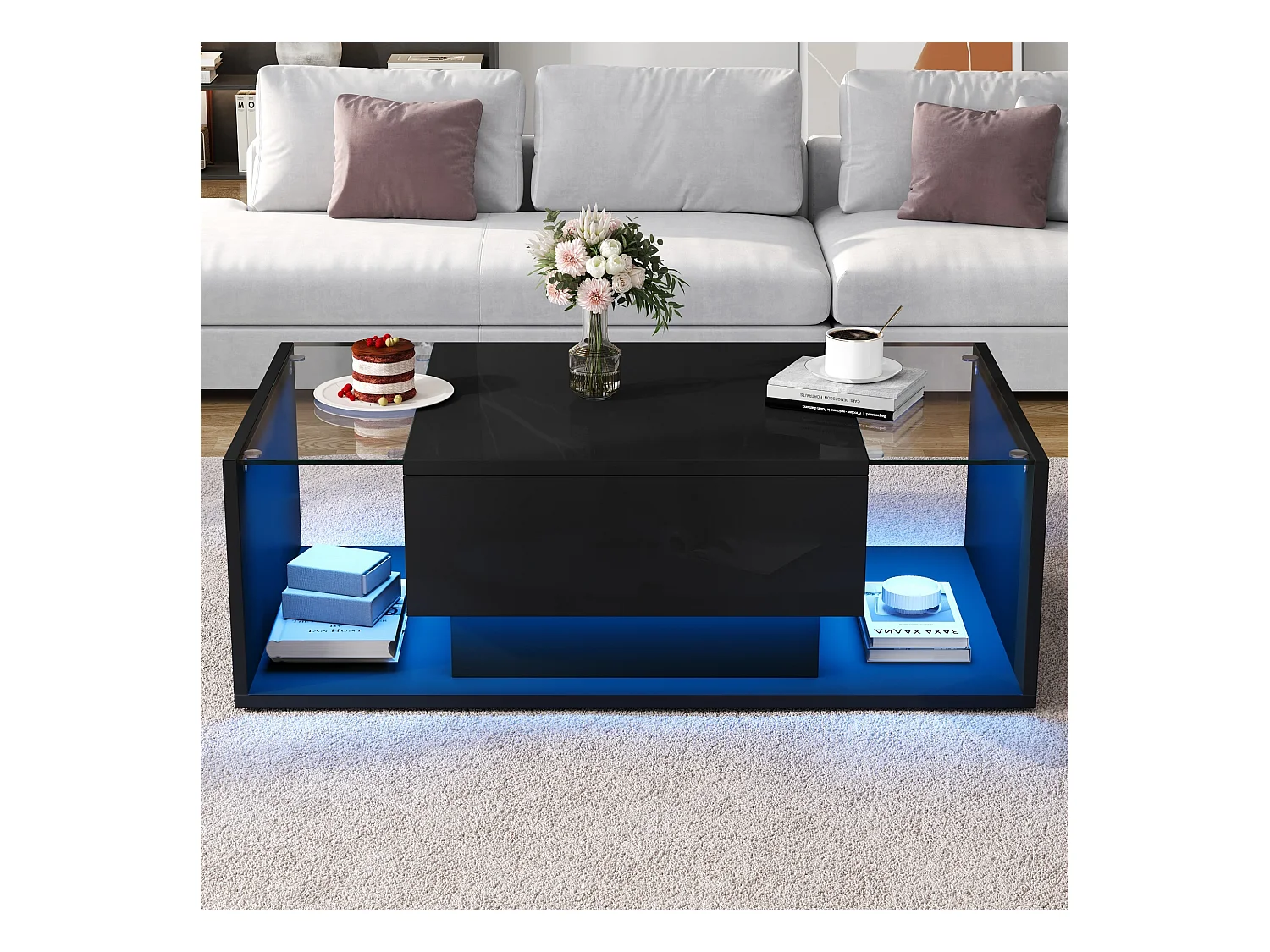 Table basse noir avec 1 tiroir de rangement et étagères ouvertes, éclairage LED - pour salon