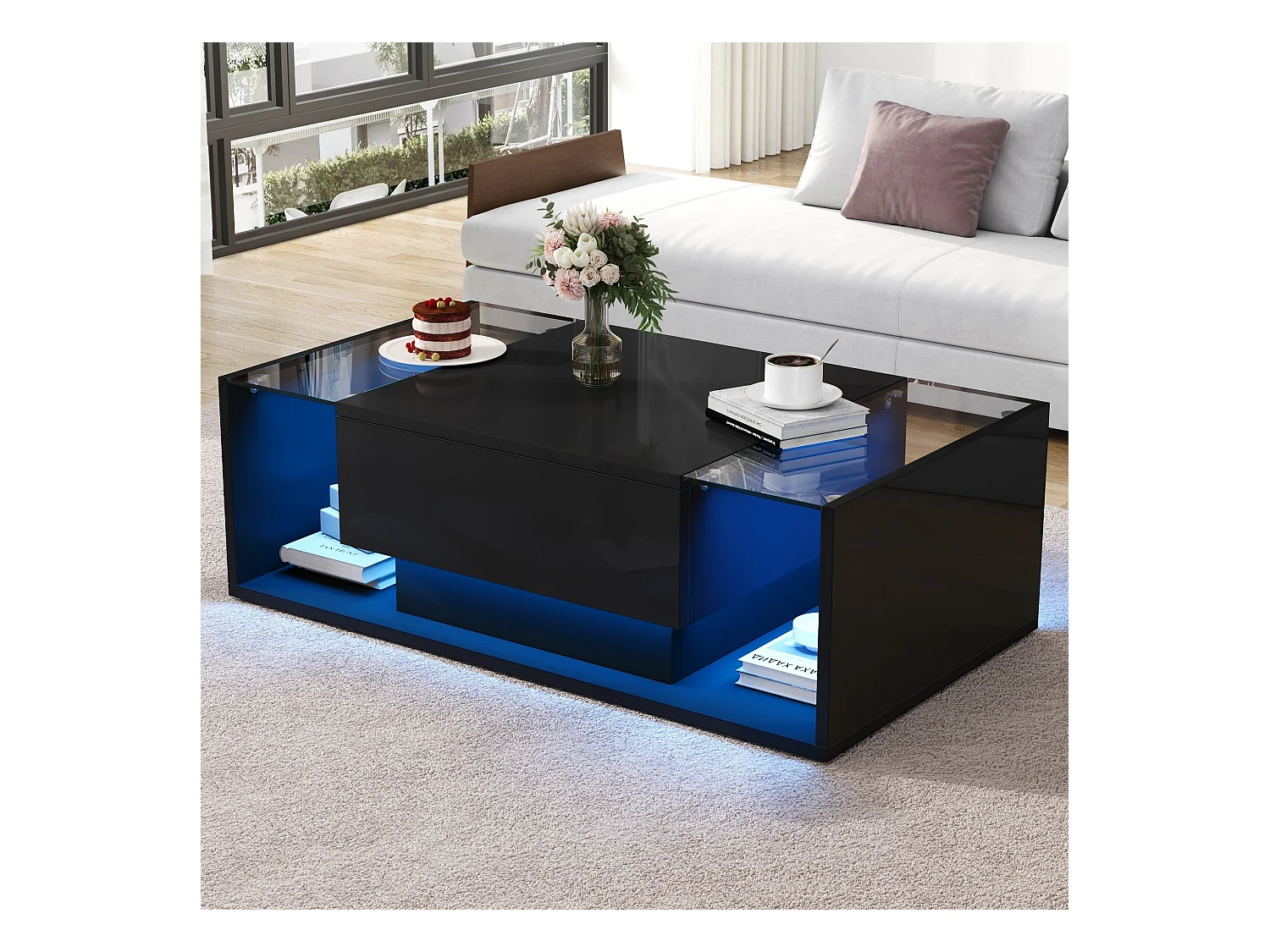 Table basse noir avec 1 tiroir de rangement et étagères ouvertes, éclairage LED - pour salon