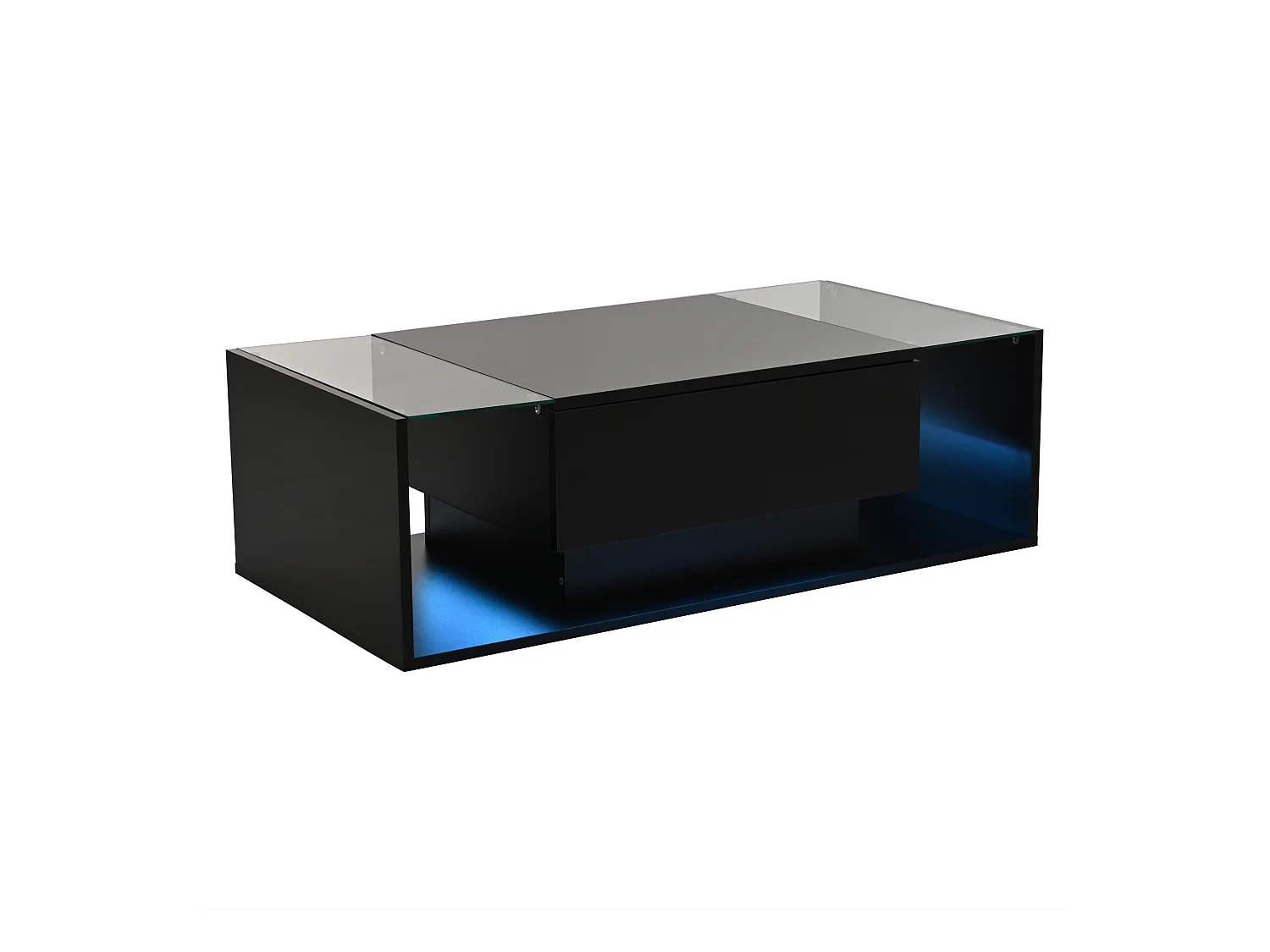 Table basse noir avec 1 tiroir de rangement et étagères ouvertes, éclairage LED - pour salon