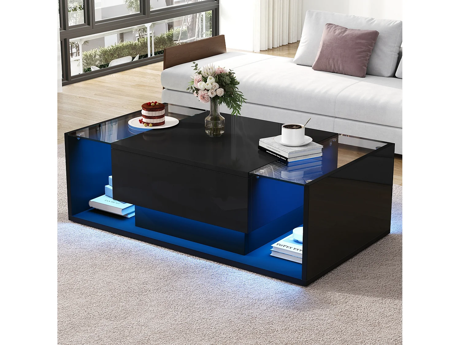 Table basse noir avec 1 tiroir de rangement et étagères ouvertes, éclairage LED - pour salon