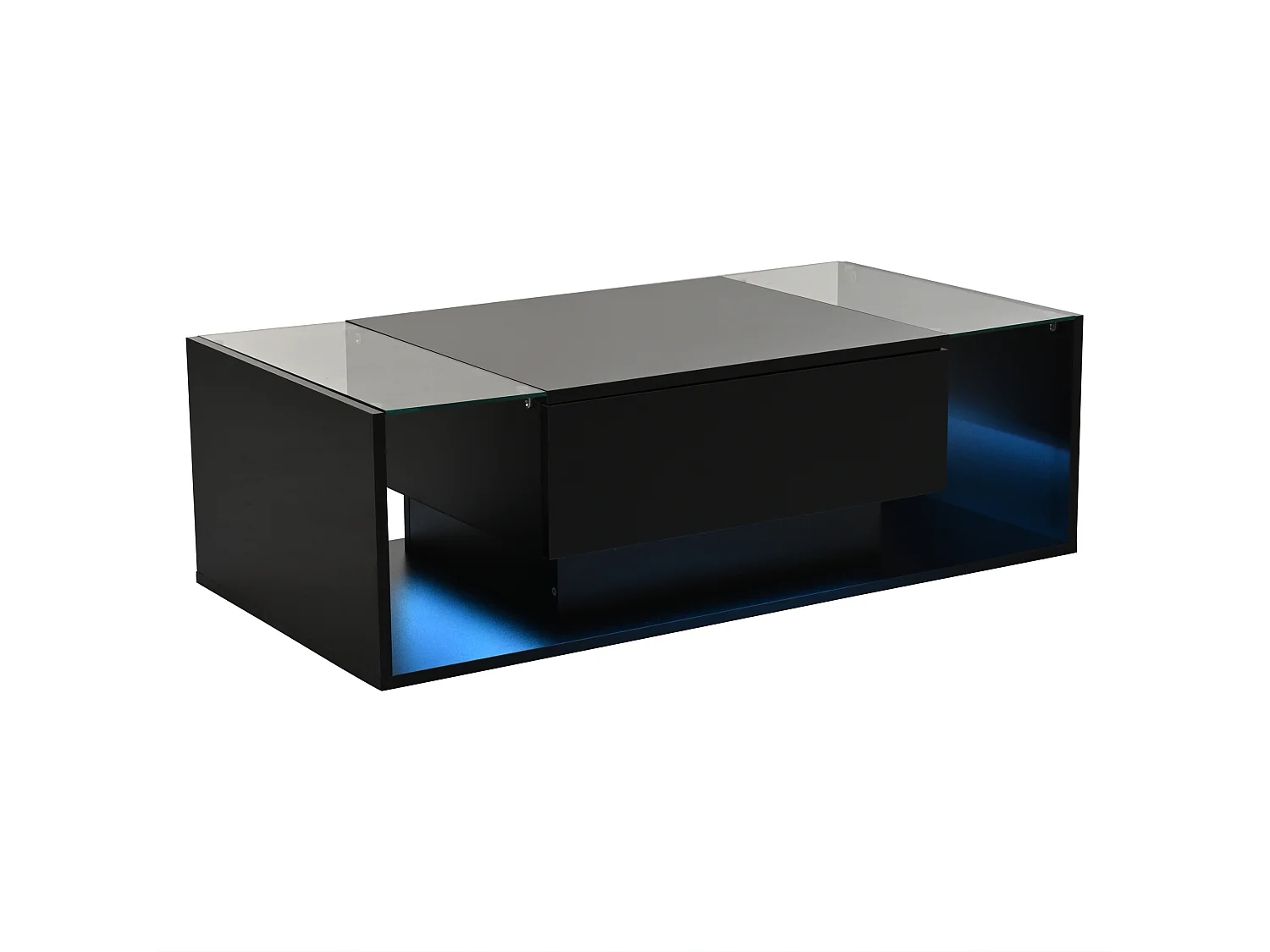 Table basse noir avec 1 tiroir de rangement et étagères ouvertes, éclairage LED - pour salon