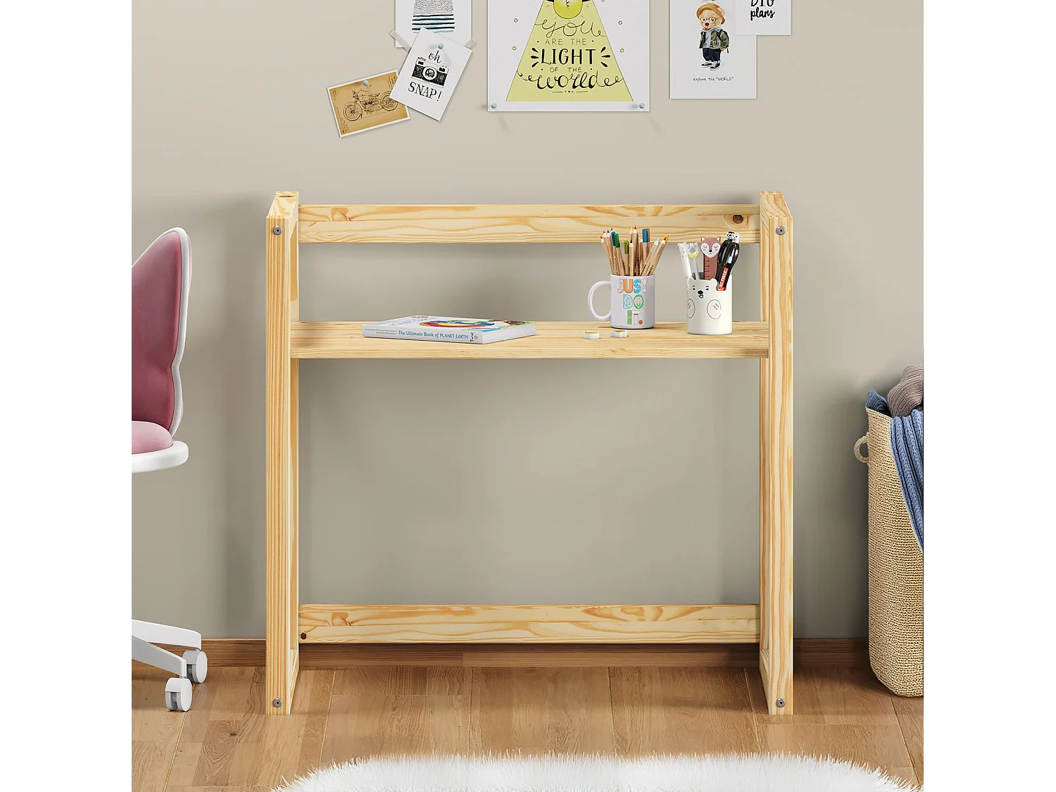 Bureau enfant SUZA réglable en hauteur 80 x 76 x 48 cm en bois massif, Bureau chambre enfant, 4 niveaux de hauteur, Coloris naturel