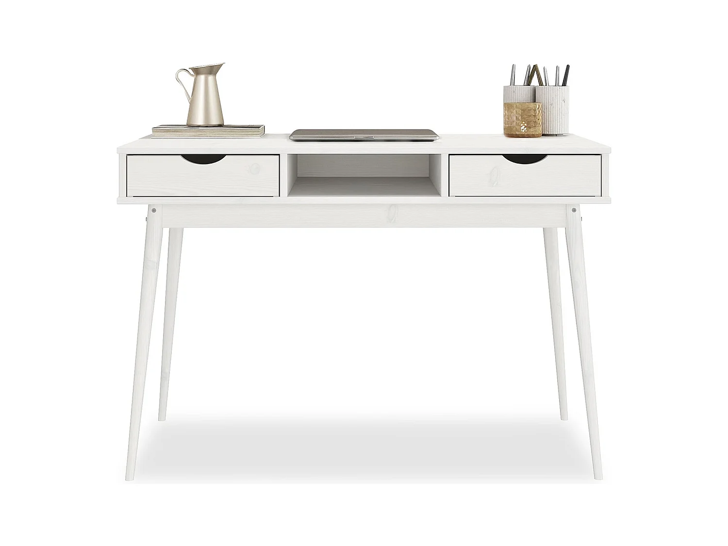 Bureau STEFANO en pin massif avec 2 tiroirs et 1 niche intégrée lasuré blanc