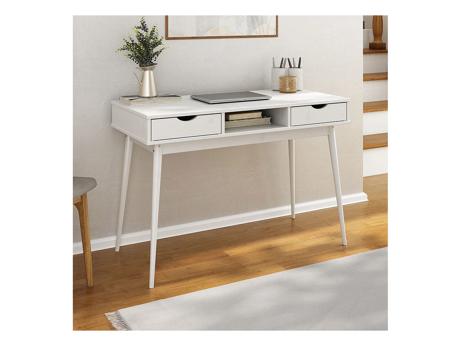 Bureau STEFANO en pin massif avec 2 tiroirs et 1 niche intégrée lasuré blanc