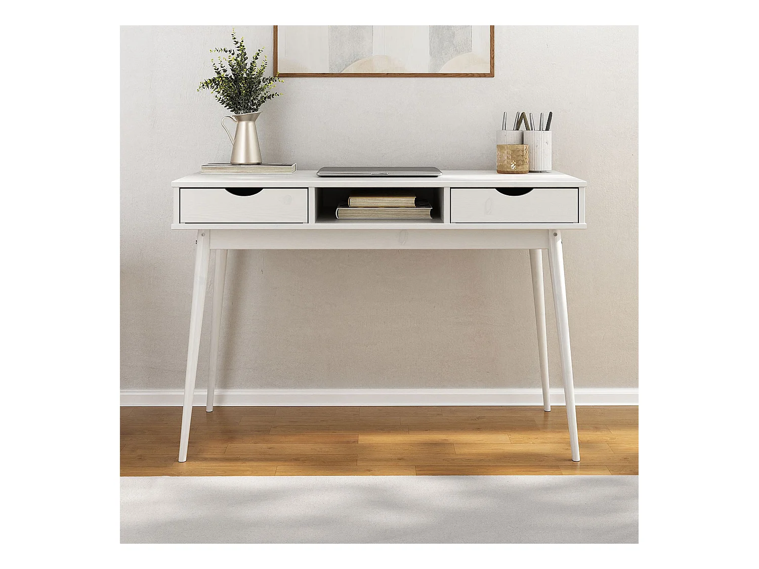 Bureau STEFANO en pin massif avec 2 tiroirs et 1 niche intégrée lasuré blanc