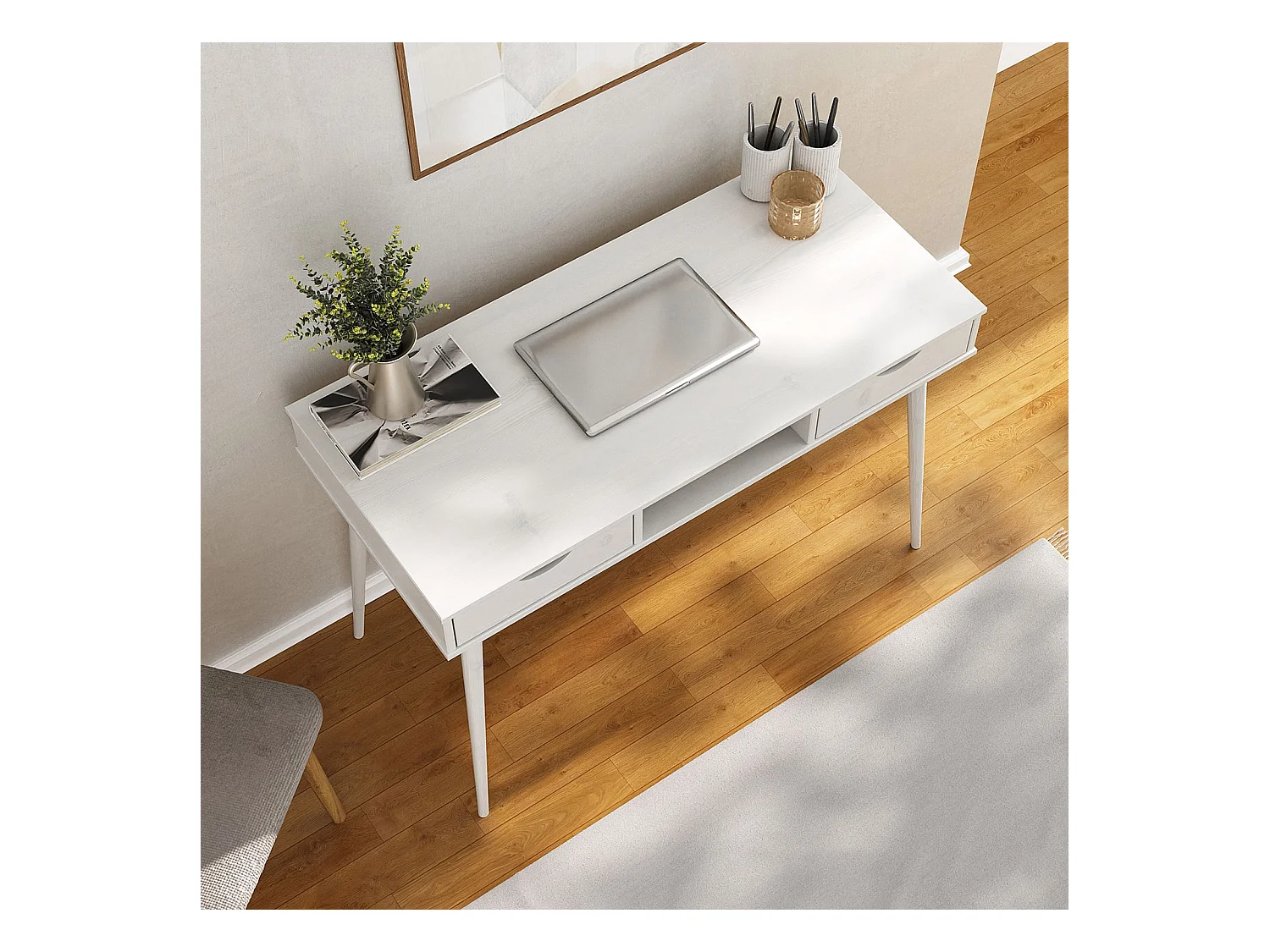 Bureau STEFANO en pin massif avec 2 tiroirs et 1 niche intégrée lasuré blanc