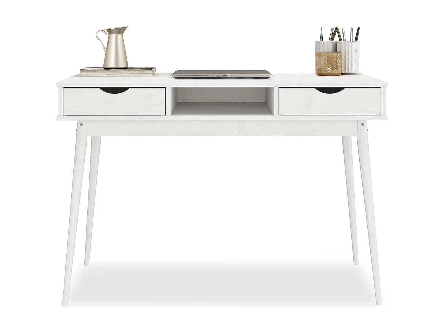 Bureau STEFANO en pin massif avec 2 tiroirs et 1 niche intégrée lasuré blanc