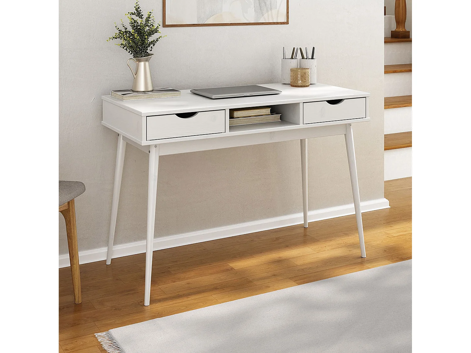 Bureau STEFANO en pin massif avec 2 tiroirs et 1 niche intégrée lasuré blanc