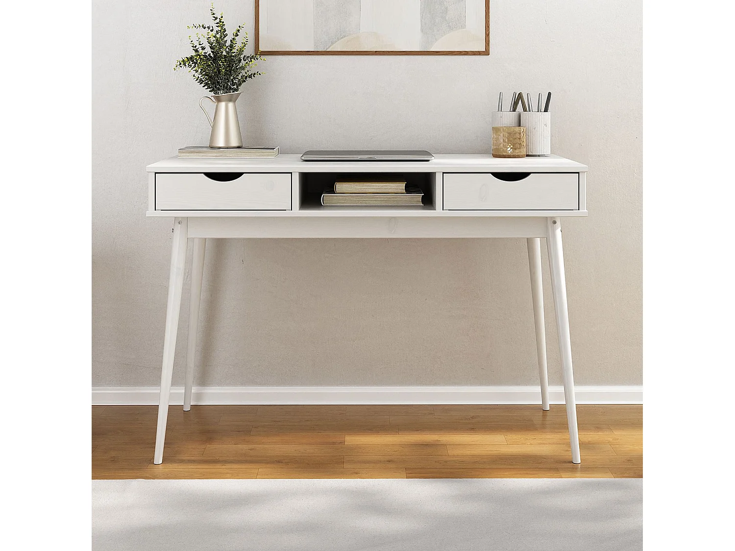 Bureau STEFANO en pin massif avec 2 tiroirs et 1 niche intégrée lasuré blanc