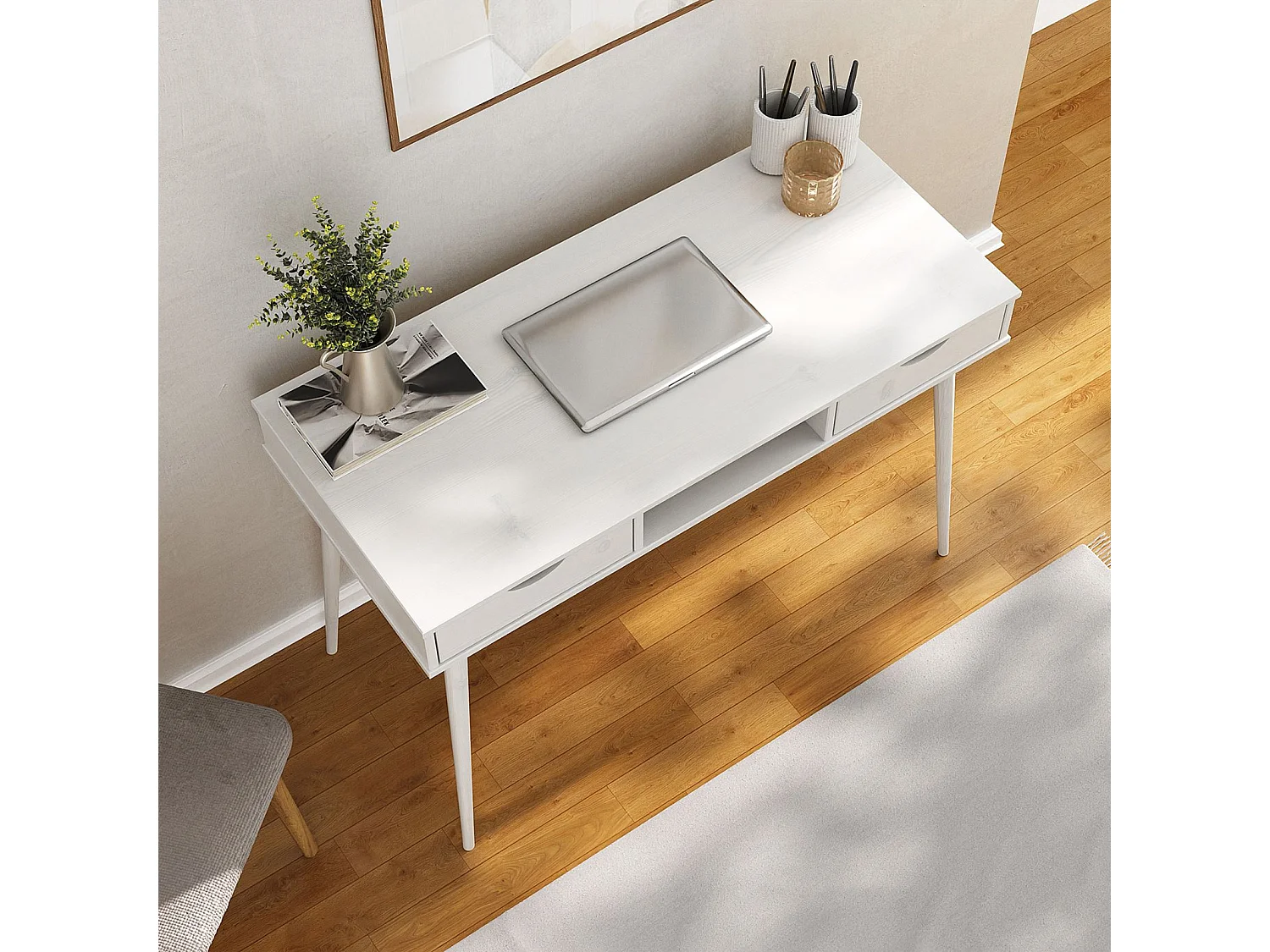 Bureau STEFANO en pin massif avec 2 tiroirs et 1 niche intégrée lasuré blanc