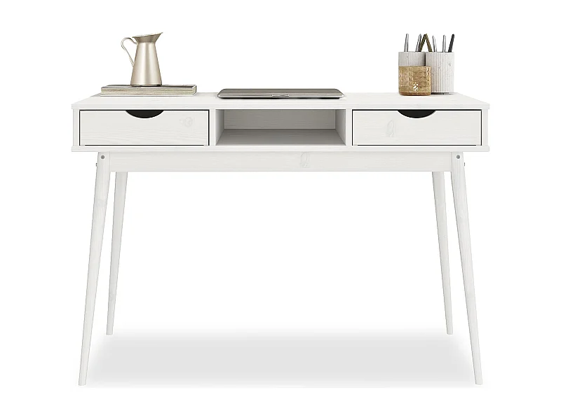 Bureau STEFANO en pin massif avec 2 tiroirs et 1 niche intégrée lasuré blanc