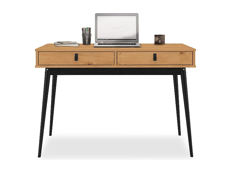 Bureau WANDA avec 2 tiroirs, en pin massif, Bureau en bois, Coloris chêne et noir