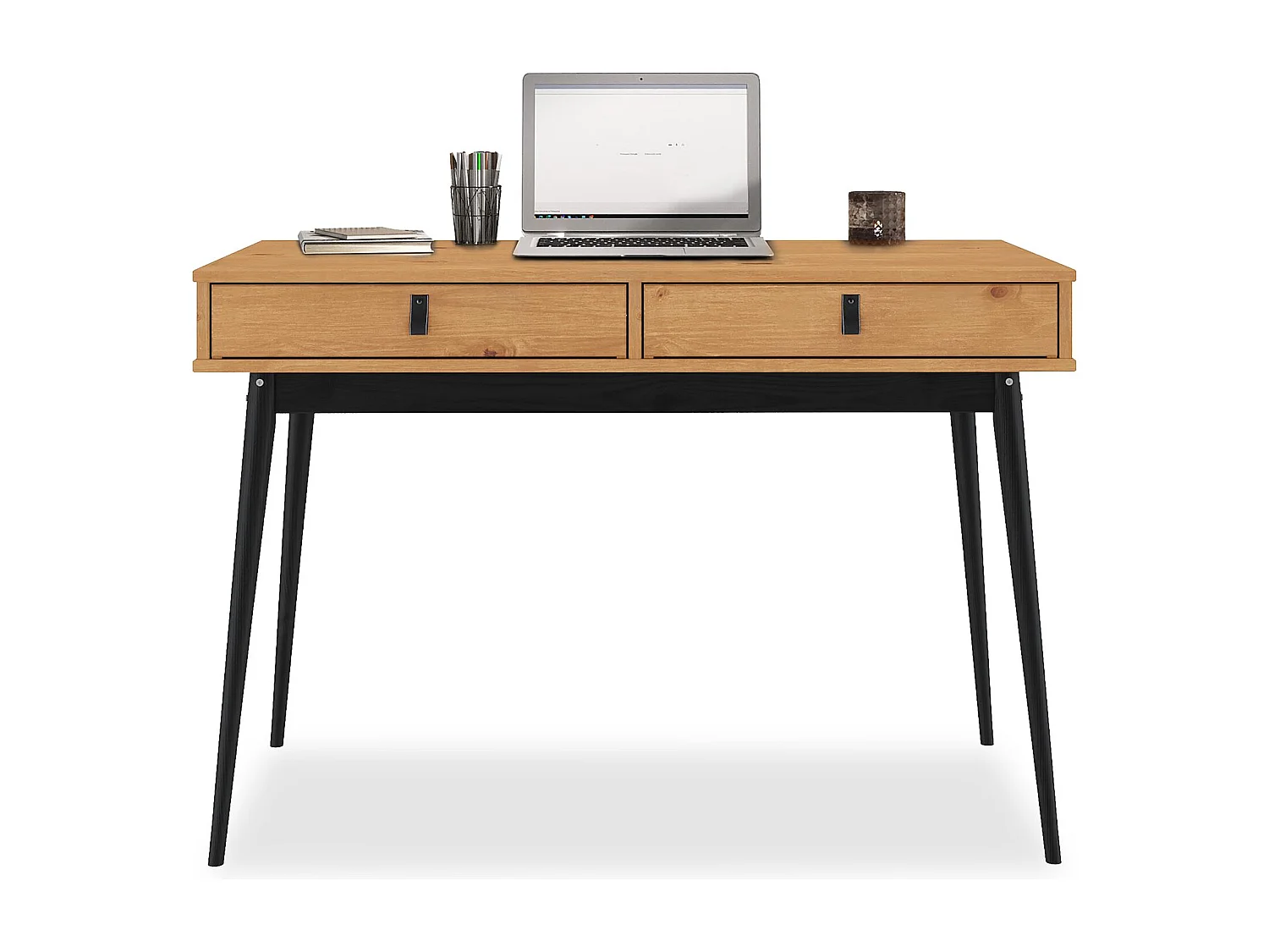 Bureau WANDA avec 2 tiroirs, en pin massif, Bureau en bois, Coloris chêne et noir
