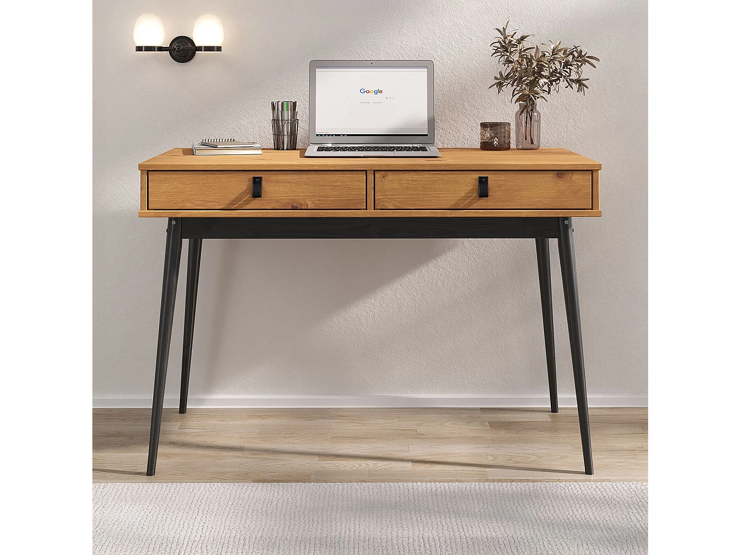 Bureau WANDA avec 2 tiroirs, en pin massif, Bureau en bois, Coloris chêne et noir