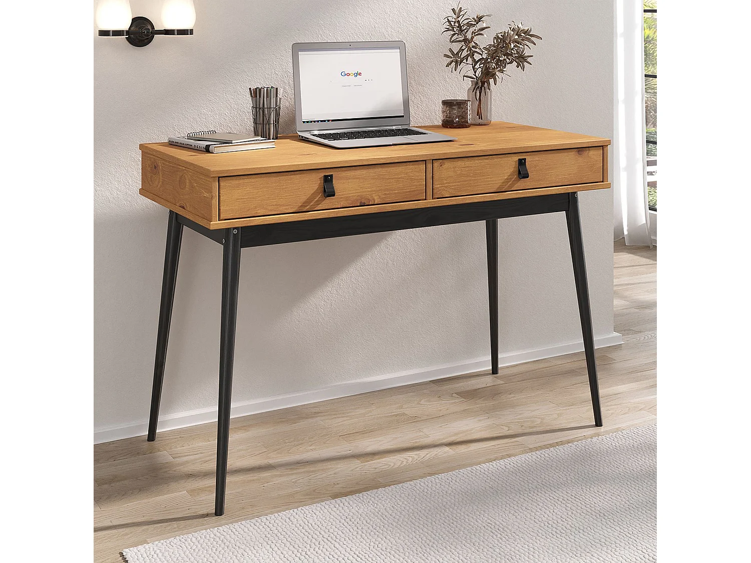 Bureau WANDA avec 2 tiroirs, en pin massif, Bureau en bois, Coloris chêne et noir